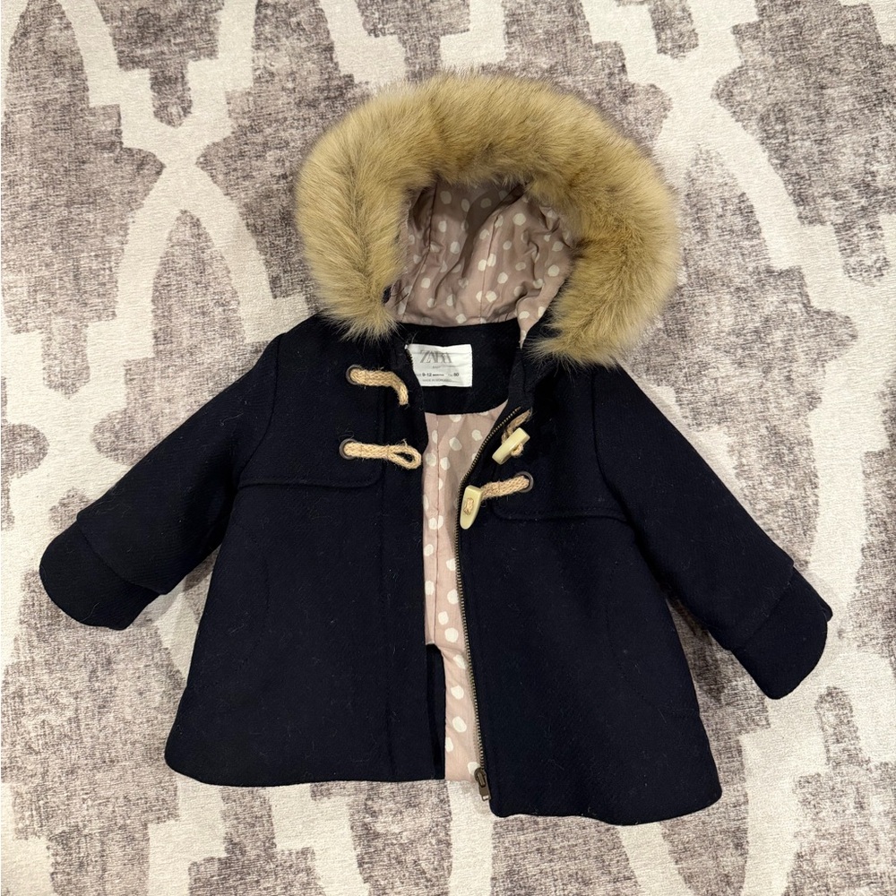 Zara Navy Coat with Cream Faux Fur Hood